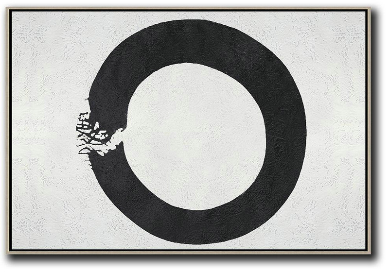 Hand Painted Aclylic Painting On Canvas,Oversized Horizontal Circle Minimal Art On Canvas, Black And White Minimalist Geometric Painting - Big Art Canvas